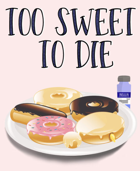 Book cover image includes a plate of donuts with a insulin vial in the background.